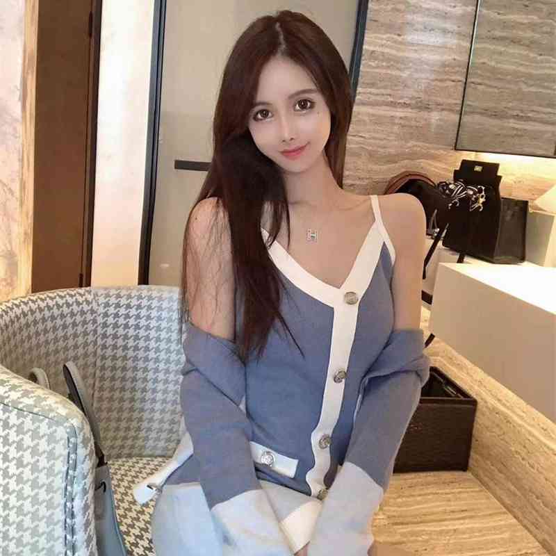Fashion Women's Knitted Long Car Fashidigan Sling Color matching Slender Sweater round Neck Top Set Two-Piece Women 210506