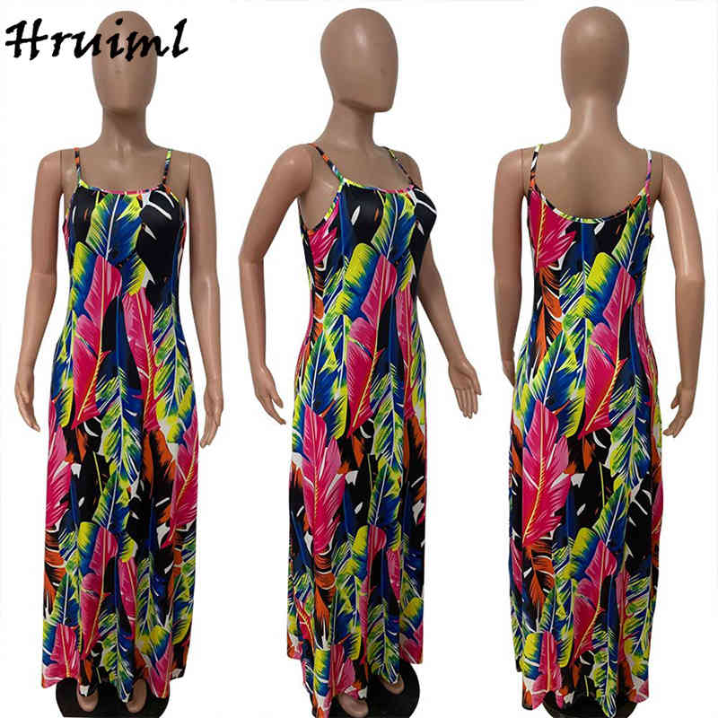 Woman Clothes Dresses Summer Plus Size Fashion Leaf Print Casual Suspender for Women Party Club Maxi 210513