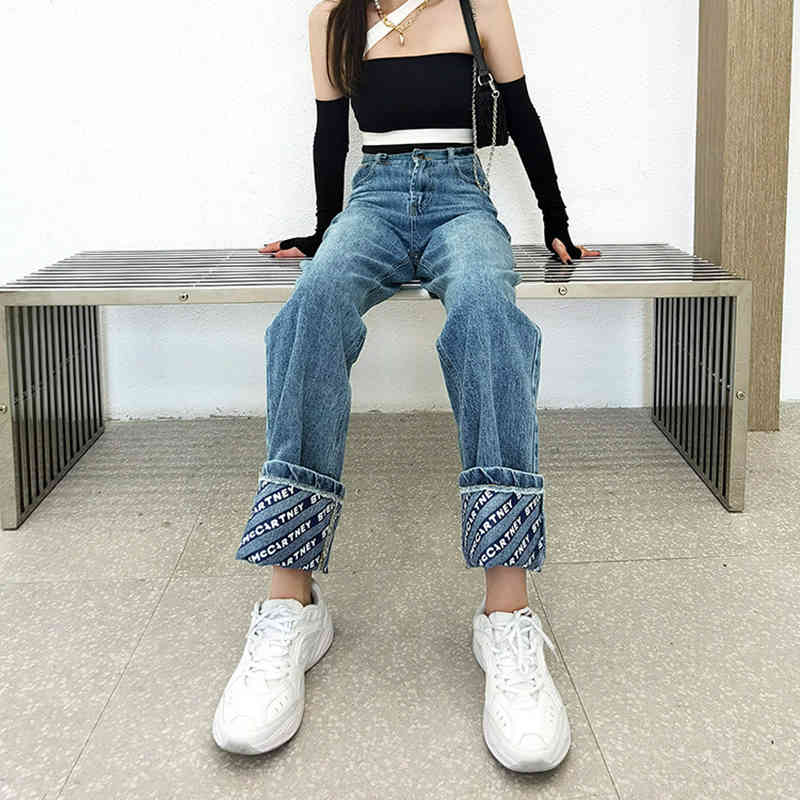 Turnup Letter Jeans Women's Spring Autumn High Waist Blue Loose Straight Denim Pants Female Fashion 5E187 210427