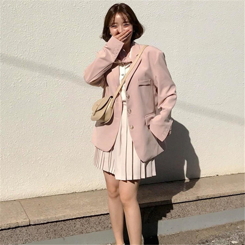 Gentle Pink Full Sleeves All Match Autumn Slender Chic Loose Plus Size Streetwear High Quality OL Women Blazers 210421