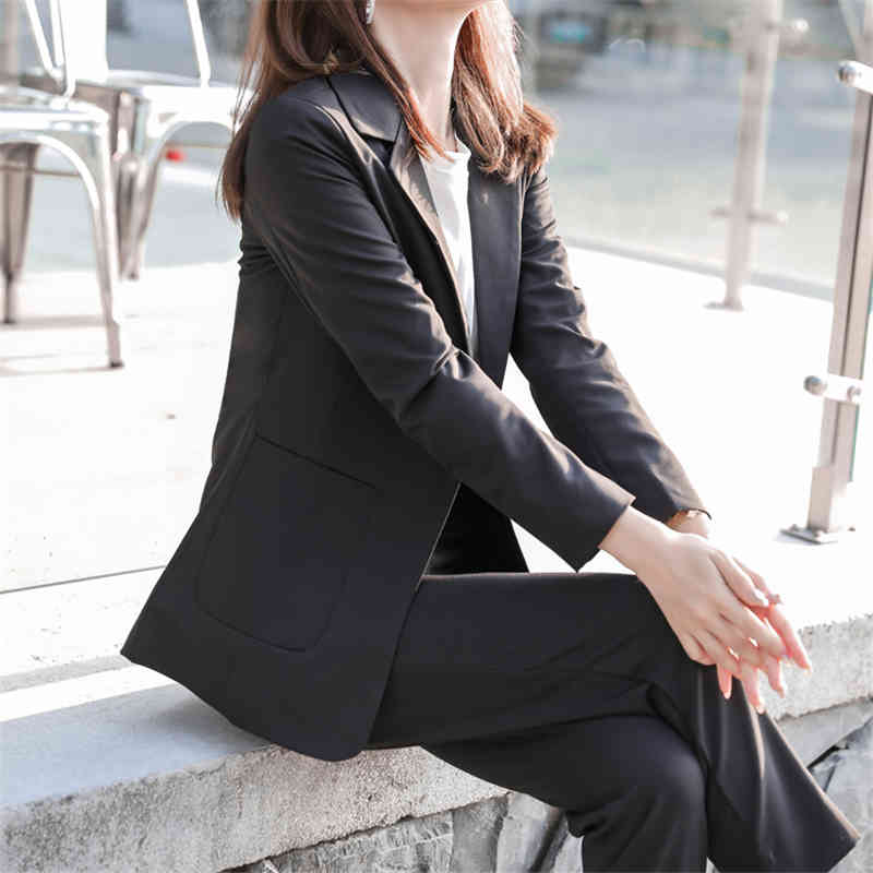 Stylish All Match Office Lady Slim Formal Blazers+High Waist Elegant Straight Pants Suits 2 Piece Sets 210421