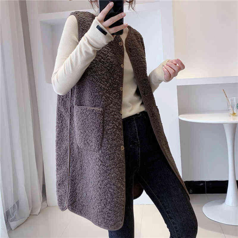 Winter Long Vest Jackets Lamb Wool Thicken Waistcoat Women Button Up Single Breasted Pocket Outwear Sleeveless Coat Garment 211120