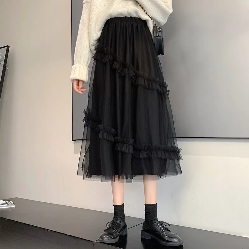 Long Kawaii Tulle Midi Skirts Womens Lolita Summer Spring Mesh Skirt Japanese Style Black High Waisted Ruched Ruffle 210421