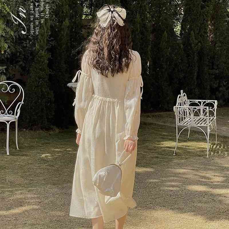 Summer Chiffon Elegant Dress Women Long Sleeve Solid Vintage Dress Evening Party for Females Dress Korean V-Neck 210521