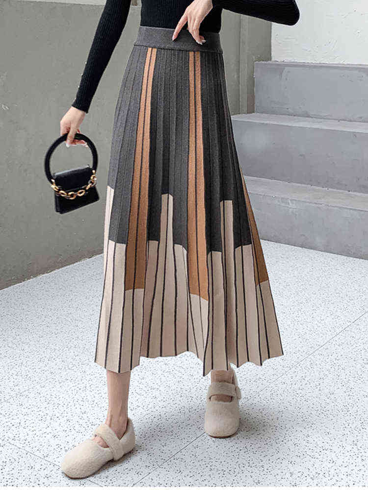 TIGENA Autumn Winter Women Knitted Midi Skirt Vintage Contrast Striped A Line High Waist Pleated Long Skirt Female Ladies 211119