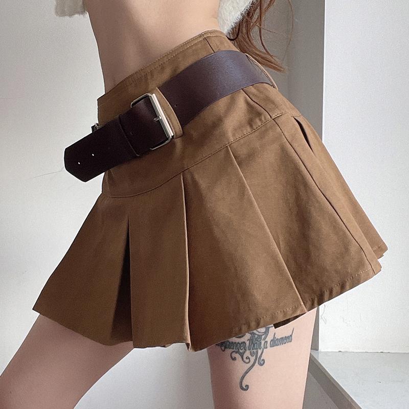 Skirts With Sashes Brown High-waisted Pleated Skirt Women Korean Style Fashion Belt Punk Streetwear Tennis Mini Female Iamty