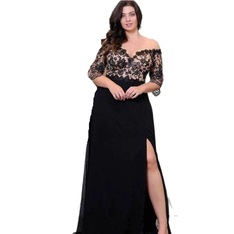 Sexy Black V-neck Prom Dresses Long Sleeve Full Length High Slit Lace Formal Evening Gowns Custom Made Plus Size Women Special Occasion Dress