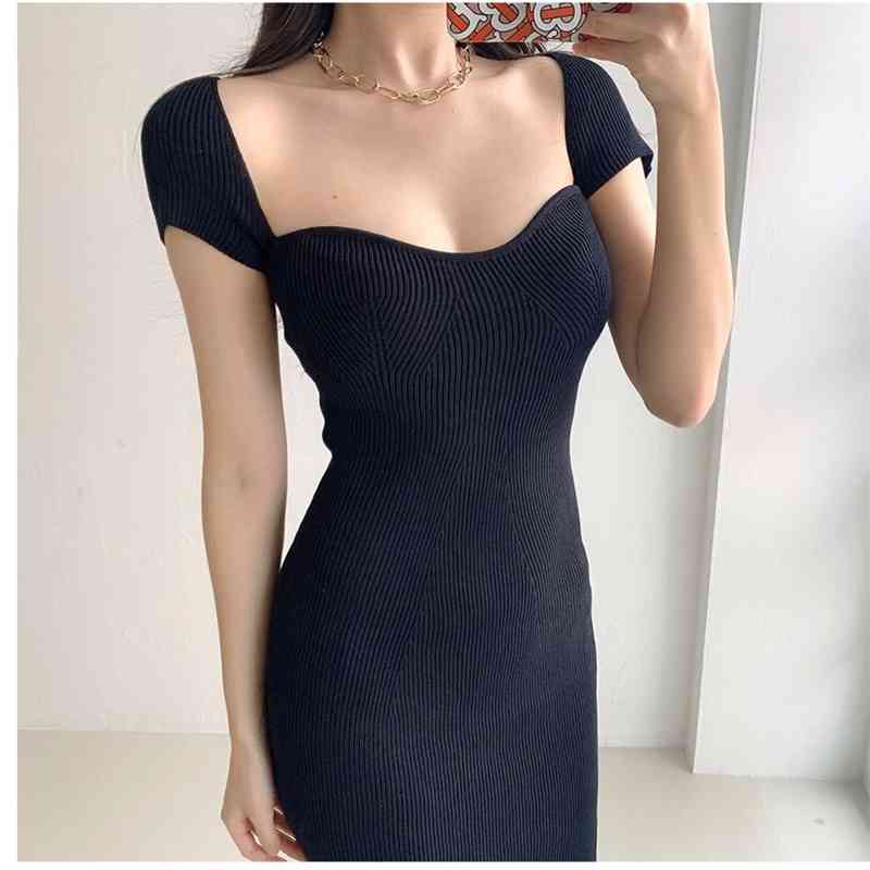 Elegant Slim Summer Dress Women Square Collar Short Sleeve High Waist Knitting Dresses For Female Fashion 210520