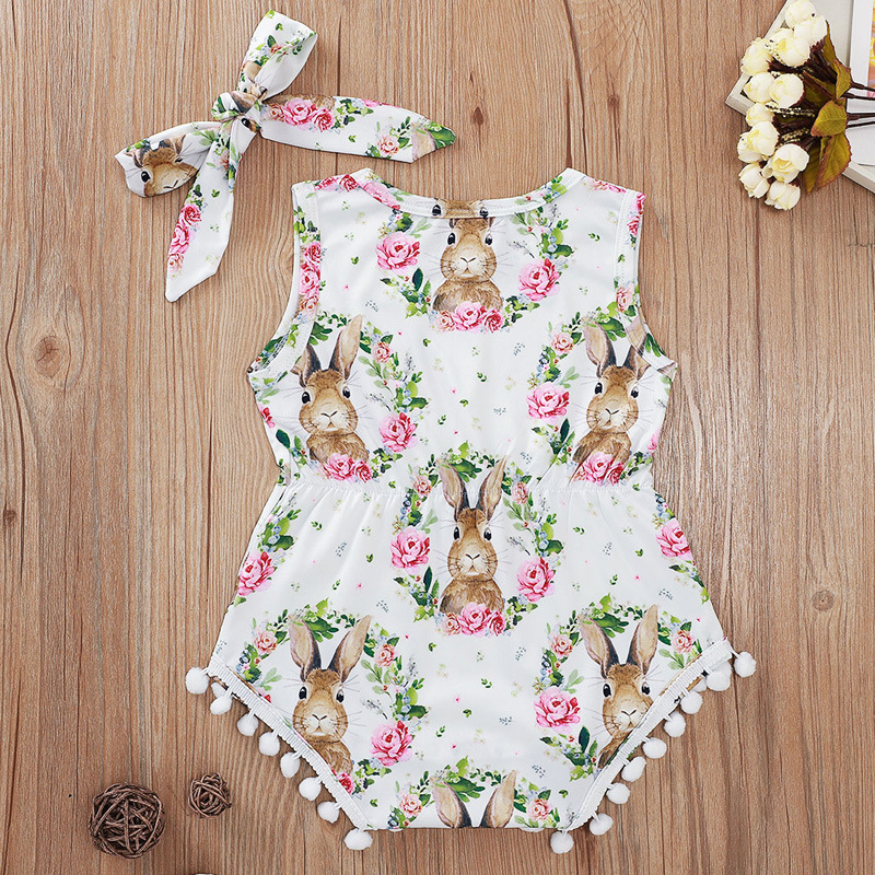 Summer Baby Girls Clothes Sets Fashion Girl Outfits 2pcs Rabbit Garland Printed Sleeveless Easter Ball Border Haka Tiara Child Crawling Suit Kids Clot