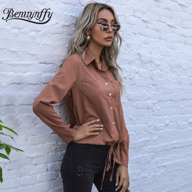 Turn-down Collar Pocket Front Drawstring Hem Women Shirts Spring Long Sleeve Female Solid Casual Tops Blouses 210510