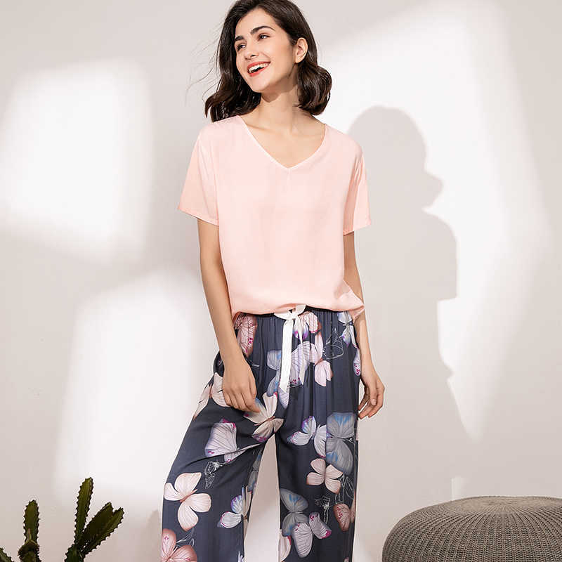 Summer Pajamas Set Women Sleepwear Female Casual Floral Printed Contrasting Color Pyjamas Tops with Long Trousers Home Clothing 210924