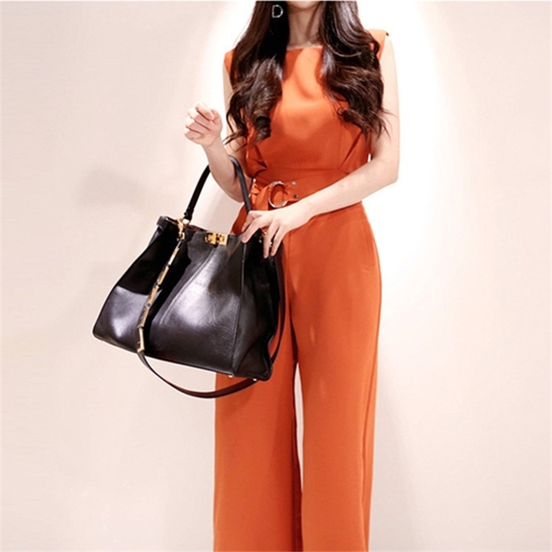 

Korean Style Sleeveless Belted Casual Jumpsuits Women Summer Rompers OL Work Wear Wide Leg Playsuits 210603, Picture color