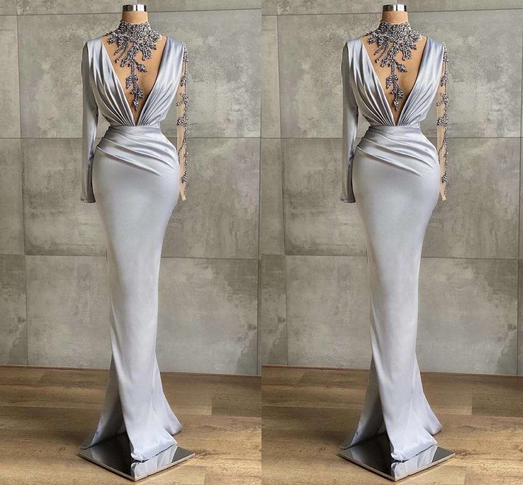 2022 Mermaid Silver Sleeves Evening Dress Elegant New Sheer High Neck Cryatal Beads African Women Prom Formal Gowns Robe De Soiree Vestidos Longo