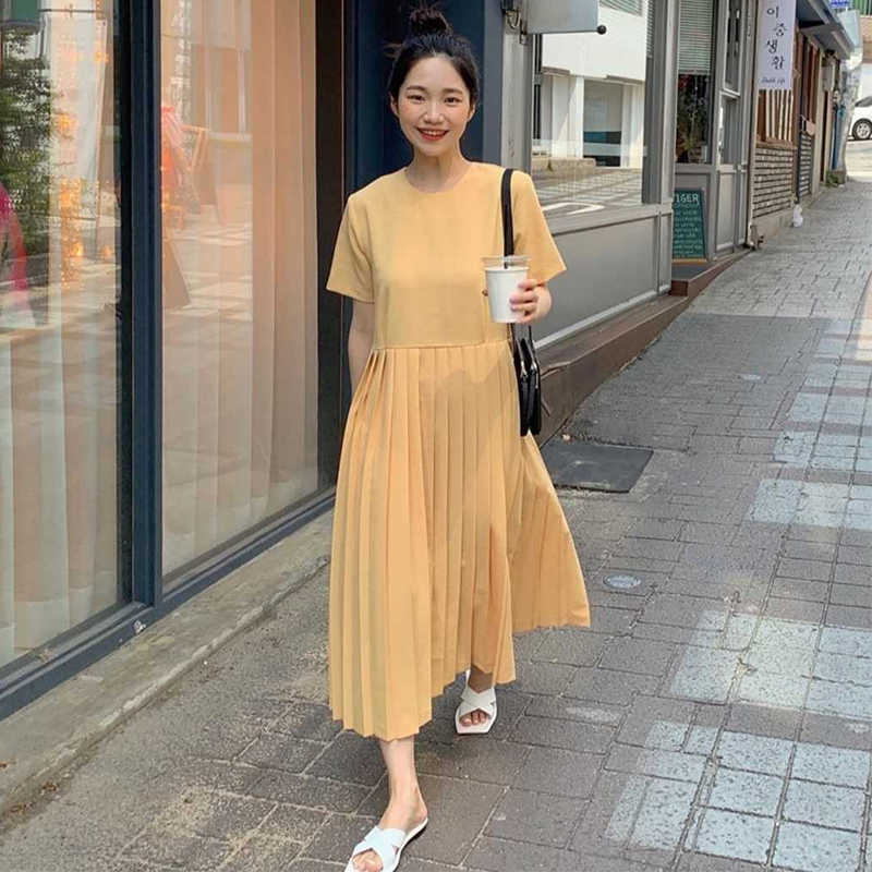 Korejpaa Women Dress Summer Korean Chic Ladies Age-reducing Sweet Round Neck Loose Solid Color Versatile Pleated Vestidos 210526