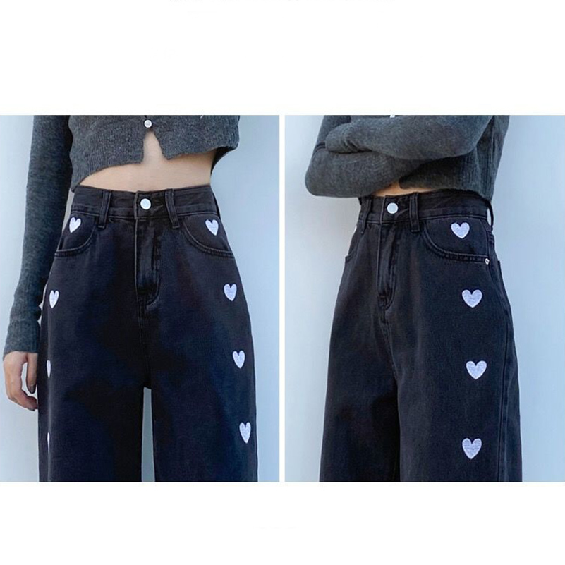 Women's wide leg Jeans Fashion embroidery love pants High waist stright female Spring Summer Long trousers jeans 210524