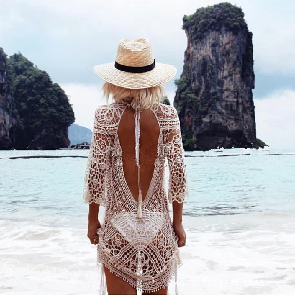 Arrivals Sexy Beach Cover up Backless Crochet Swimwear Dress Tunics for Women wear Coverups Saida de Praia #Q211 210420