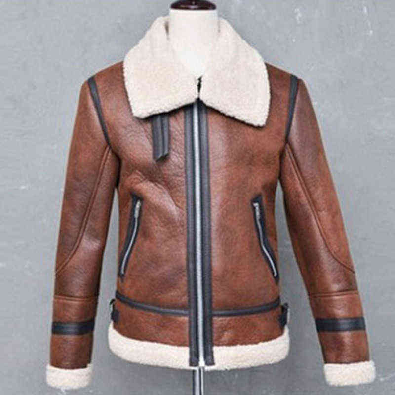 Warm Men Winter Fur Belt Faux Leather Jacket High Neck Shearling Coat Wool Lining Long Sleeve Mens Leather Bomber Winter Coats 211111