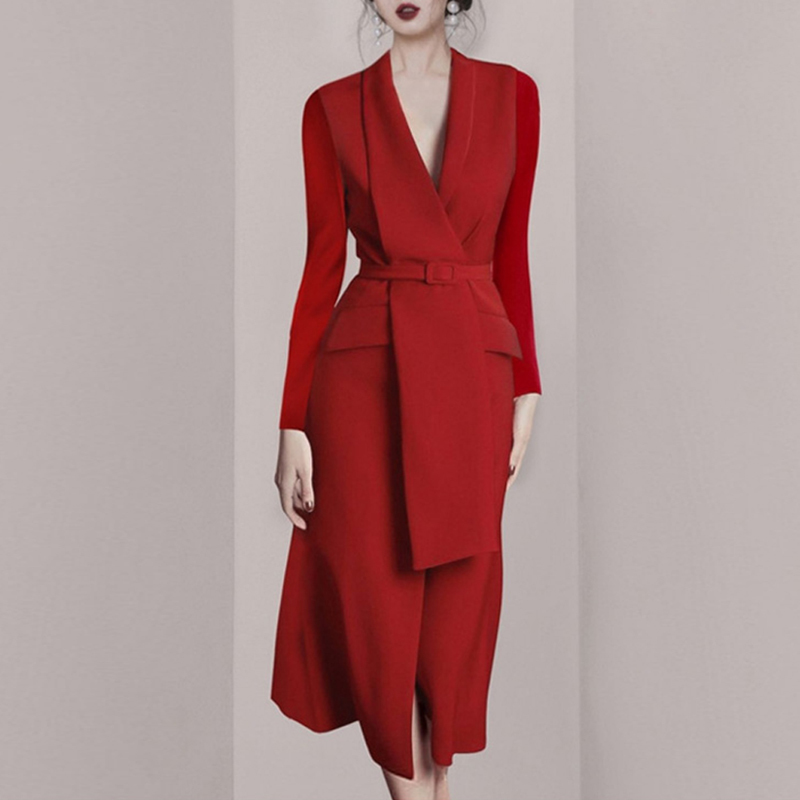 high quality temperament business elegant vestido da festa Autumn Winter Korean OL belt waist Notched Long sleeve Red dress 210519
