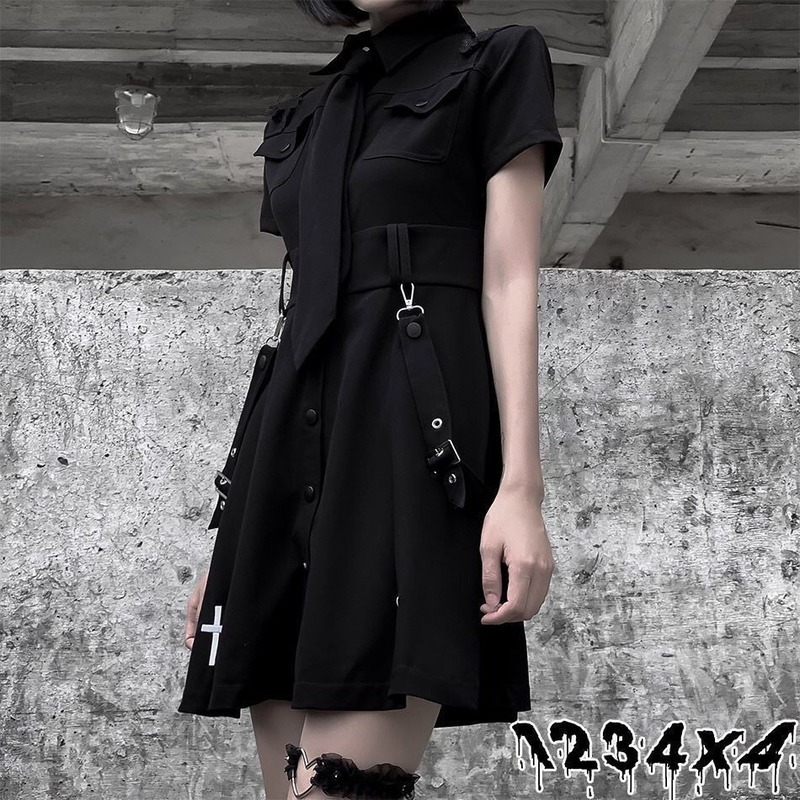 QWEEK Goth Dress Punk ic Harajuku Summer Black Mini Shirt Women Short Sleeve Emo Clothes Mall Dark Academia 220314
