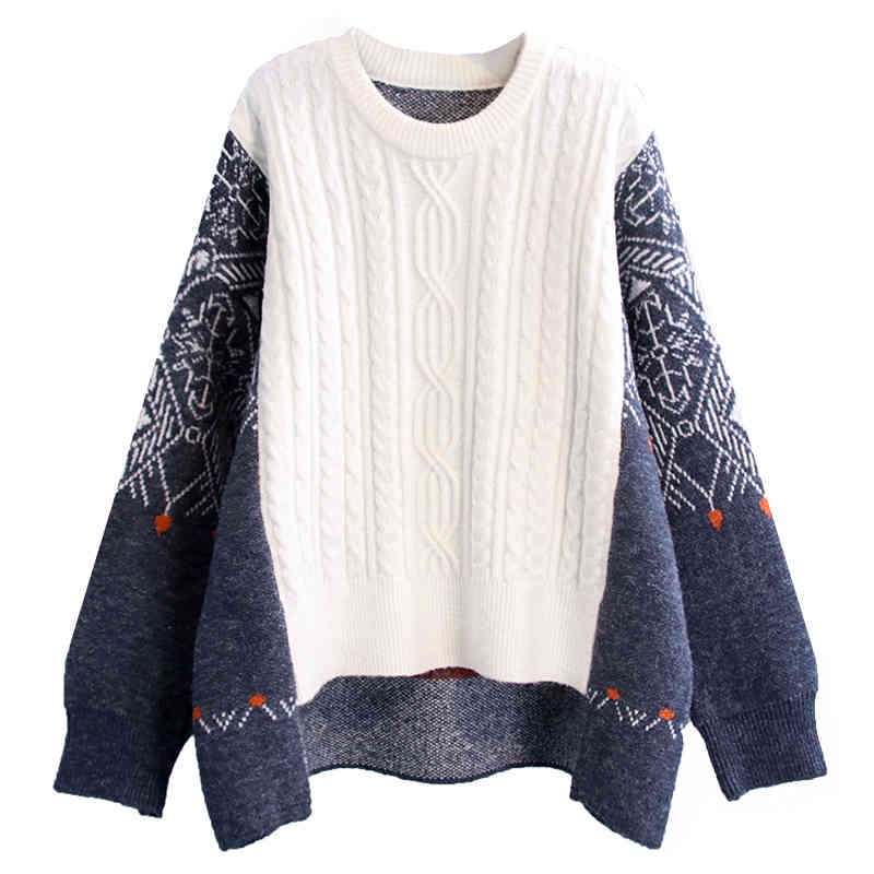 Nomikuma Oversized Women Sweater Vintage Contrast Color Twisted Patch Knitted Pullover Autumn Winter Thick Pull Femme 6C973 210427