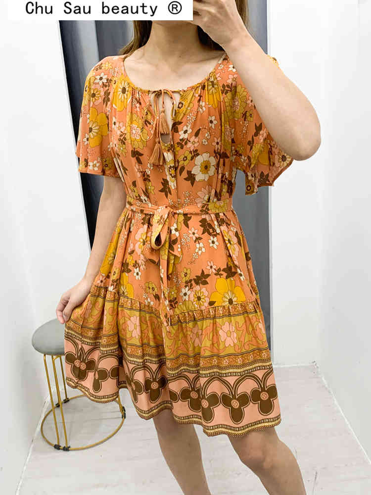 beauty Boho Fashion Floral Print O-neck Midi Dress Women Holiday Chic Sashes Summer Dresses Mujer Vestido De Moda 210514