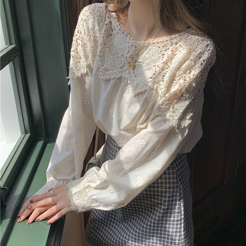 Plus Size Spring Lace Women Blouse O Neck Crochet Hollow Stitching Shirt Korean Style Apricot Gentle Long Sleeve Tops 13354 210427