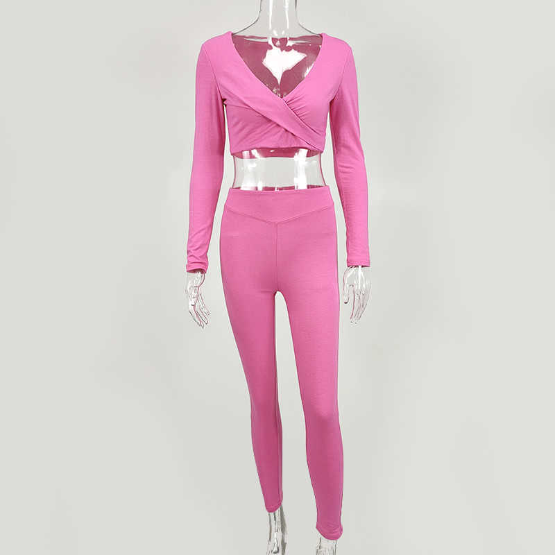 Colysmo Crop Top Long Pants Two Piece Set Women Autumn Tracksuit Sexy V-neck Sleeve Tops Bodycon Trousers 2 210527