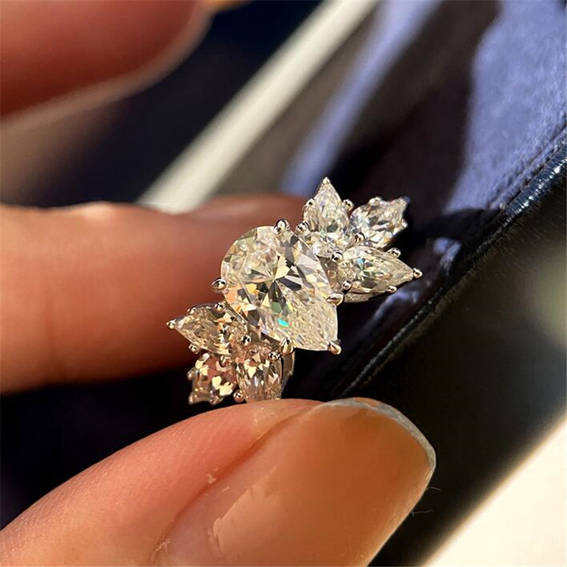 Ins Spakrling Handmade Sweet Cute Wedding Ring Luxury Jewelry925 Sterling Silver Water Drop 5A Zircon CZ Diamond Gemstonens Women Engagement Band Ring