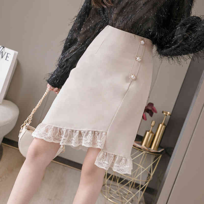 High Waist Formal Skirts Spring and Summer Style Lace Short Skirt A- Line Knee-length Dress Beading Jupe Femme 8771 50 210508