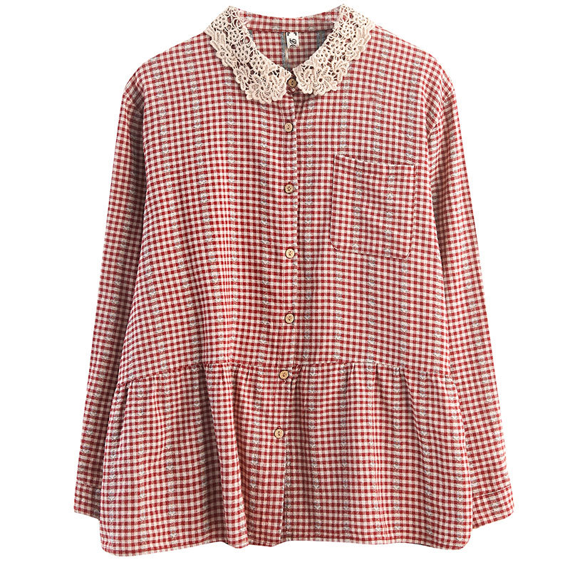 Spring Arts Style Women Long Sleeve Loose Shirts Lace Peter Pan Collar Cotton Linen Plaid Blouse Femme Tops Plus Size V306 210512