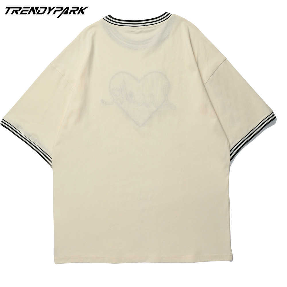 Men's T-shirt Summer Short Sleeve Checked Heart Printed Oversize Cotton Casual Harajuku Streetwear Top Tshirts Clothing 210601
