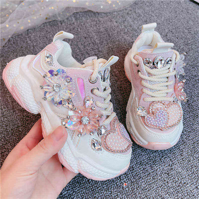 Kids Sneakers Girls Spring Fashion Casual Running Sports Trainers Breathable Children Pink Pearl with diamond Flats 220121
