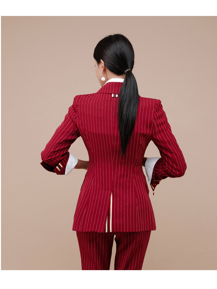 Business Women 2 Piece Pant Set Autumn Winter single-breasted Striped Blazers coat + Office OL Ladies Pencil Trousers Suit 210519