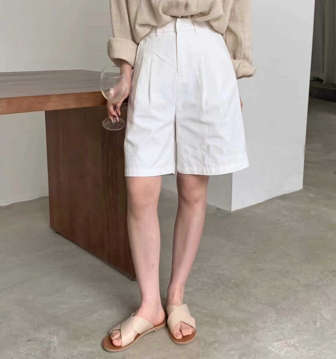 Toppies White Linen Shorts Wide Leg Summer Woman High Waist Streetwear 210714