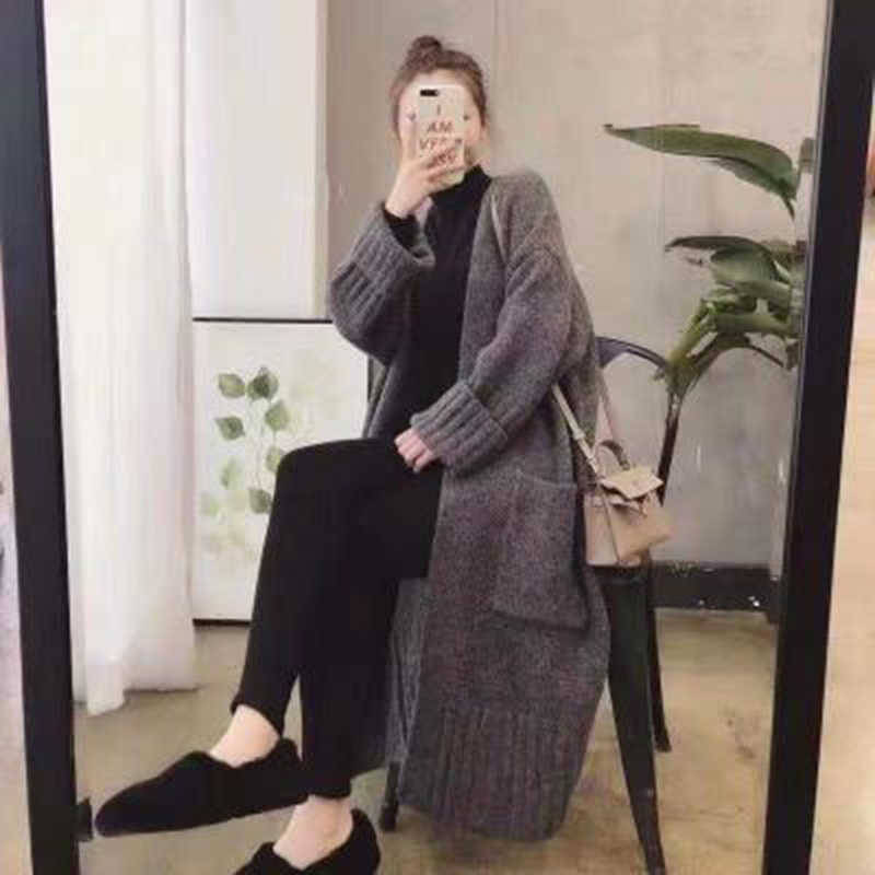 Fall Womens Korean Style Loose Big Pockets Knitted Cardigan Long Fashionable Sweater Winter Thick Casual Mujer 210604