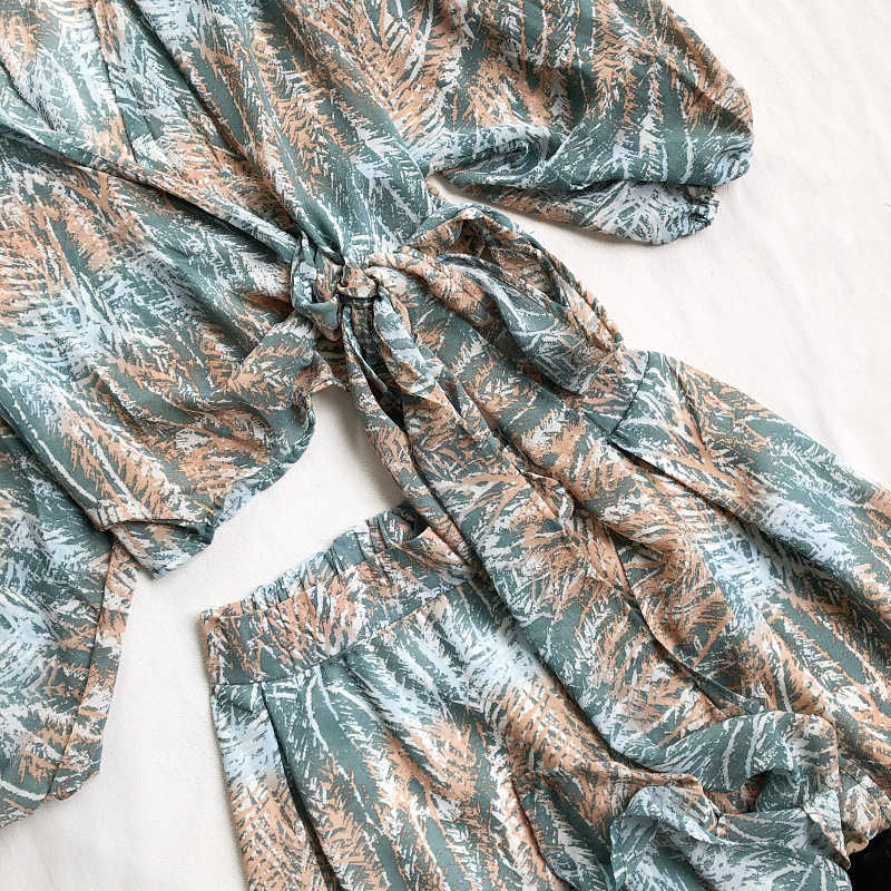 LY VAREY LIN Summer Women Bohemian Vintage Two Piece Set V-neck Lace-up Chiffon Shirt+High Waist Wide Leg Shorts Suit 210526