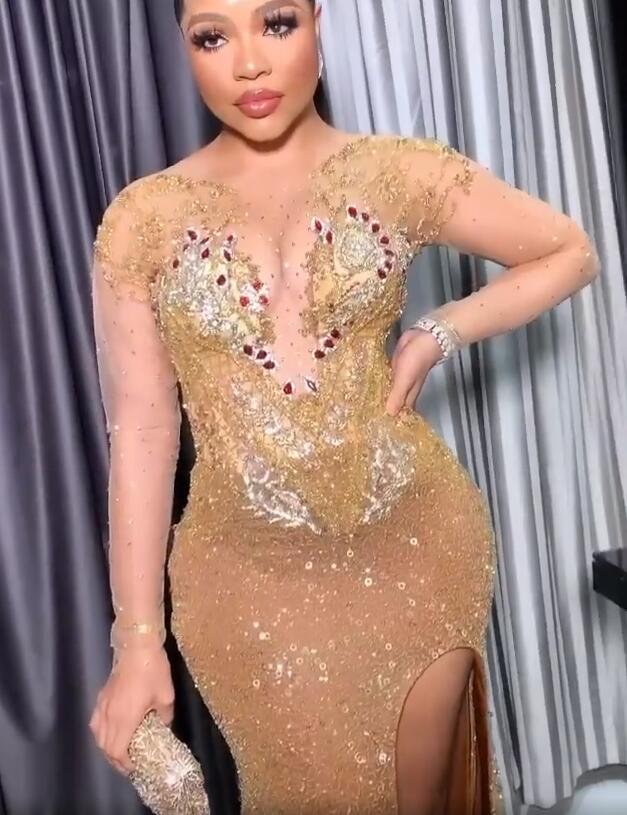 Plus Size Arabic Aso Ebi Luxurious Mermaid Gold Prom Dresses Beaded Crystals Sheer Neck Evening Formal Party Second Reception Gowns Dress ZJ606