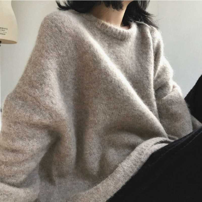 Yedians Solid Pullover Sweater Knitted Women Winter Long Sleeve O Neck Cashmere Warm Loose Jumper Ladies 210527