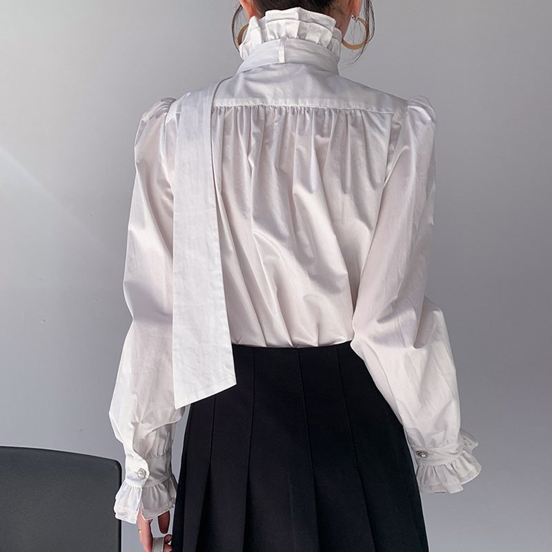 Elegant Patchwork Bowknot Blouse For Women Turtleneck Long Sleeve Causal White Shirt Female Fashion Clothing 210524