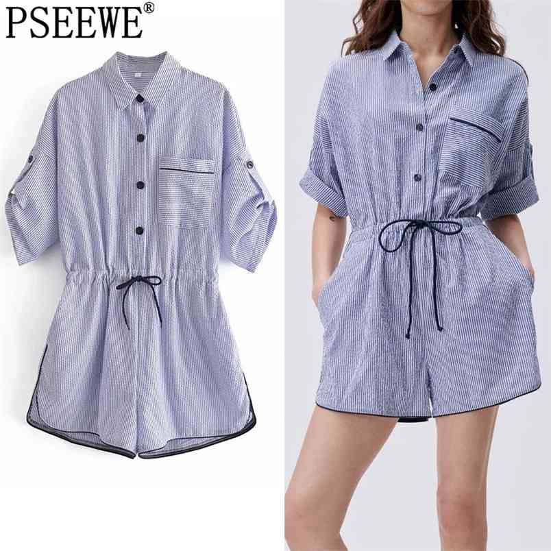 Blue Striped Short Jumpsuit Woman Summer Sleeve Female Jumpsuit Ruched Elastic Waist Casual Combishort Romper 210519
Blue Striped Short Jumpsuit Woman Summer Sleeve Female Jumpsuit Ruched Elastic Waist Casual Combishort Romper 210519