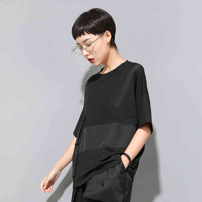 EAM Women Black Contrast Color Split Big Size Tshirt Round Neck Half Sleeve Fashion Spring Summer 1U136 210406