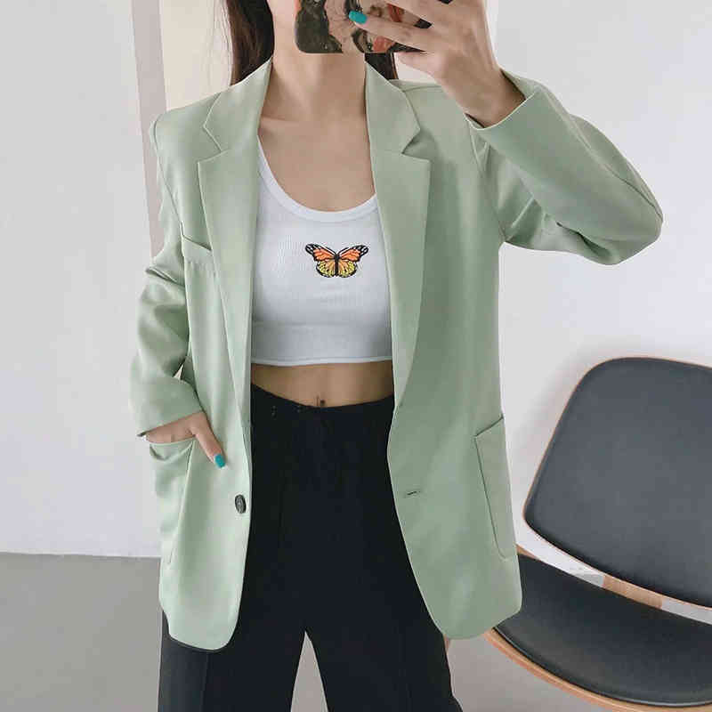 Green Color Casual Blazer Women Big Pockets Long Sleeve Jacket Female Notched Collar Office Wear Blazer Ropa De Mujer 210414