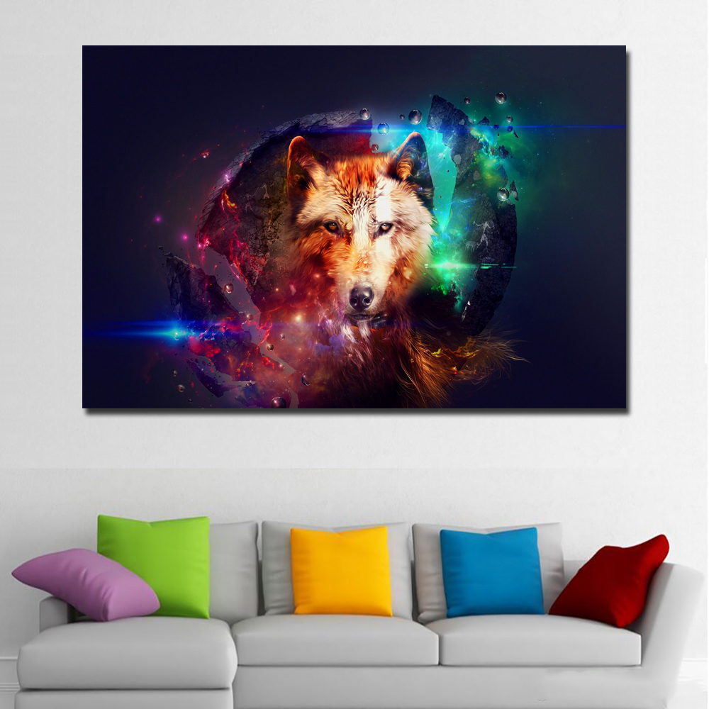 Wolf and Colorful Sky Canvas Painting Wall Art Prints Poster Modern Oil Painting Animal Pictures Printed On Canvas Wall Decor