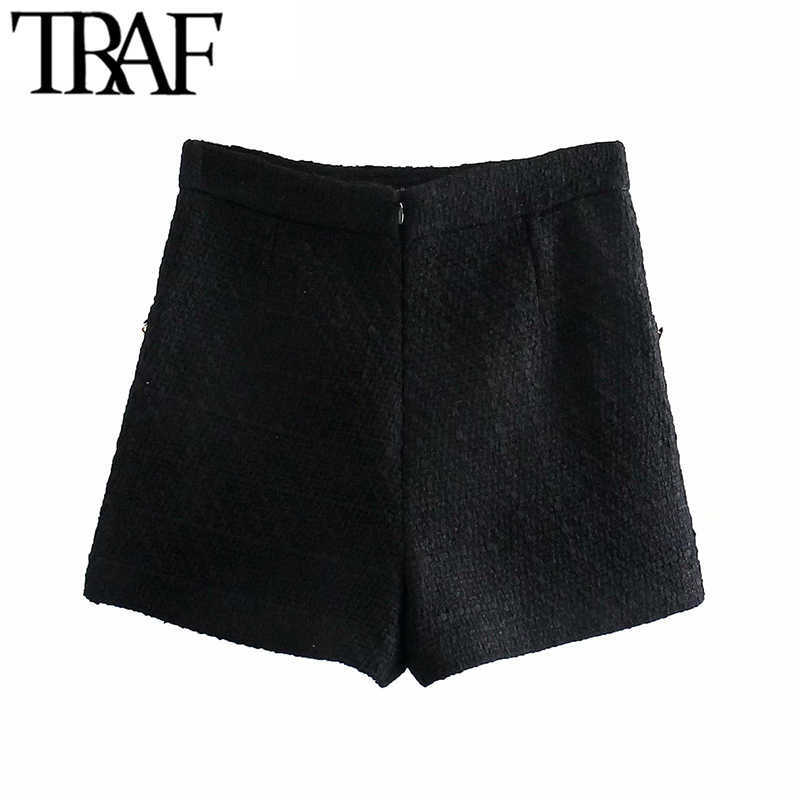 TRAF Women Chic Fashion Side Pockets Buttons Tweed Bermudas Shorts Vintage High Waist Back Zipper Female Short Femme 210611