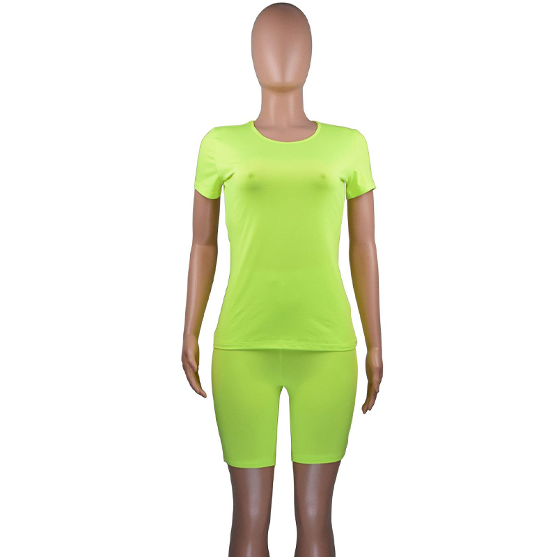 NewAsia Short Sleeve Elastic 2 Piece Set Women Neon Color Tracksuits Summer Shorts O Neck Tops Set Casual Sports Sets Streetwear 210413
