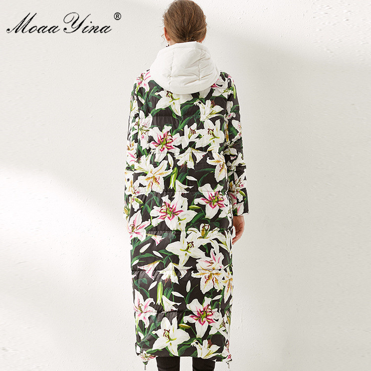 Women's Winter Runway Coats Hooded Collar Floral Printed White Duck Down Warm Parkas Elegant Long Jacket Outwear 210524