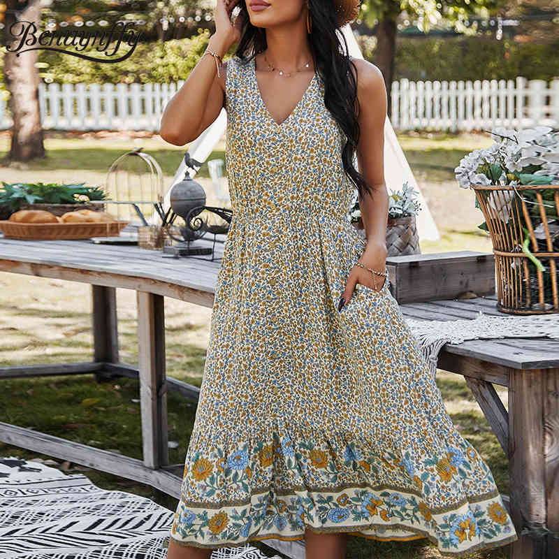 V-neck Button Woman Bohemian Dresses Summer Vacation Casual Pocket Sleeveless Print Swing Long Dress Women Clothing 210510