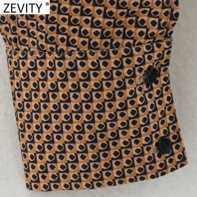 Zevity Women Vintage Turn Down Collar Geometric Print Bow Sashes Shirt Dress Femme Long Sleeve Breasted Vestido Cloth DS4671 210603