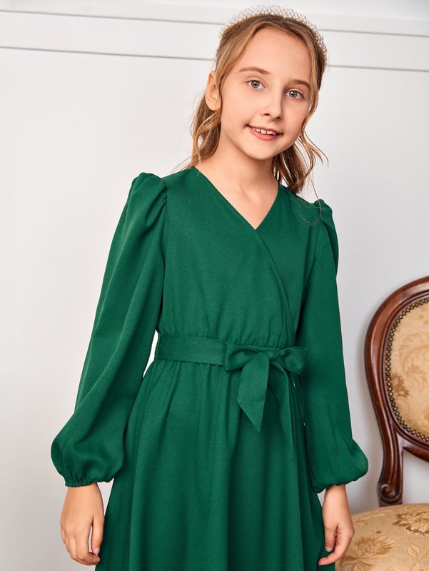 Girls Lantern Sleeve Asymmetrical Hem Belted Dress SHE