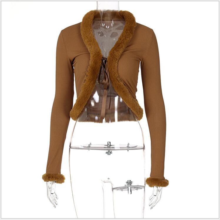 Women's Down & Parkas European And American Style Autumn Pure Color Plush Stitching Lace Cardigan Long-sleeved Top